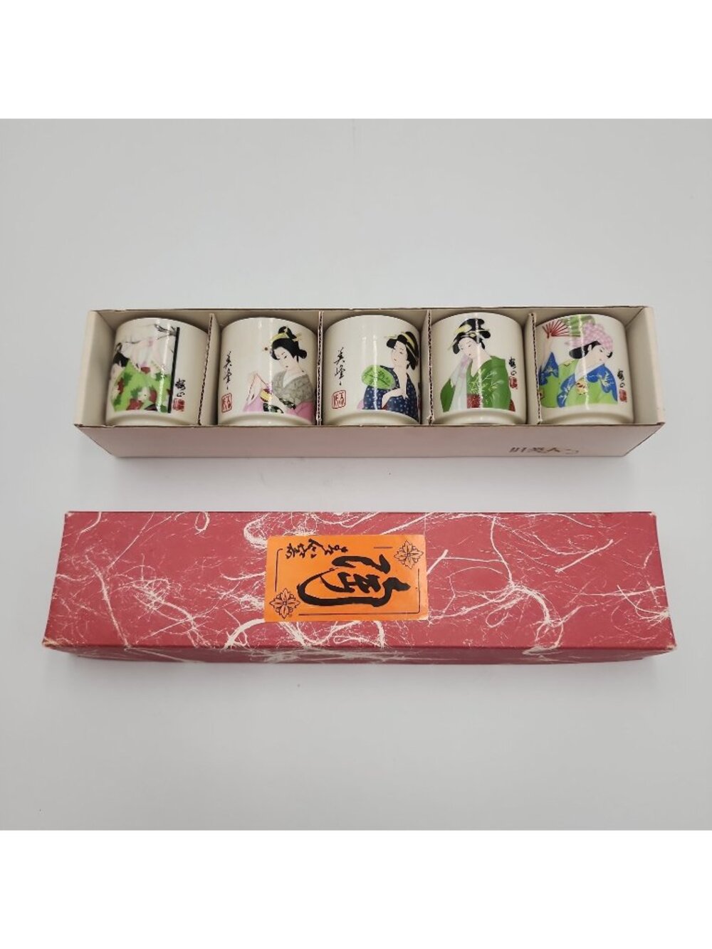Japanese Porcelain 5 Piece Geisha Sake Cup Set Vintage In Original Box